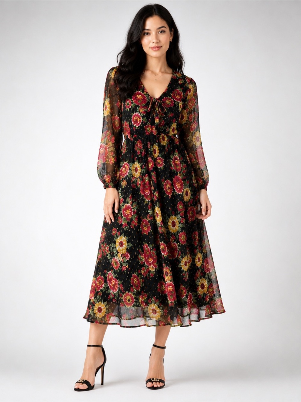 Vintage Style Floral Sheer Midi Dress Black Rose Print Size Small